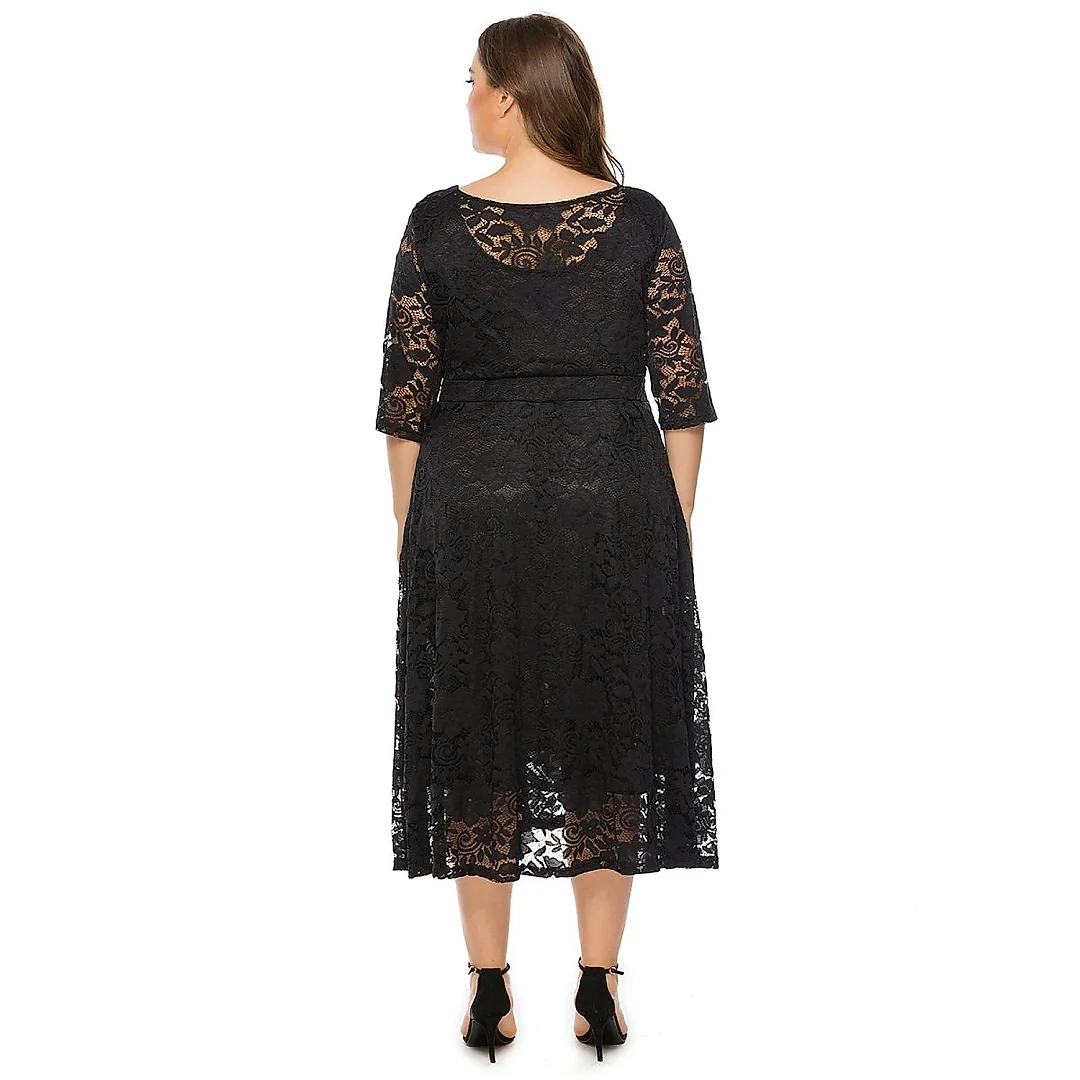 Floral Lace Swing Midi Dress with Pockets