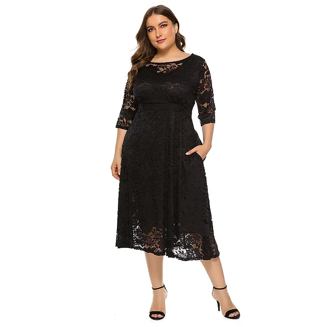 Floral Lace Swing Midi Dress with Pockets