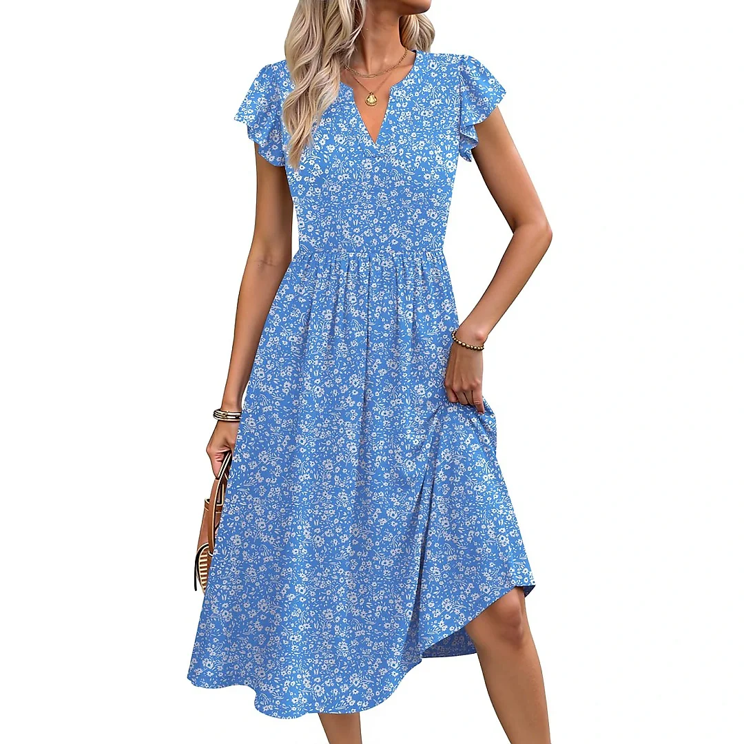 Ruffle Sleeve V-Neck Midi Dress