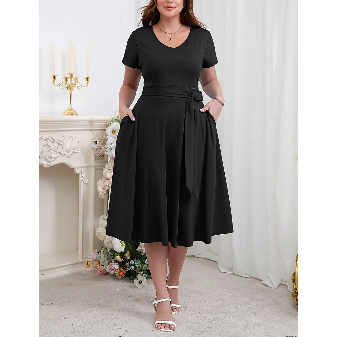 V-Neck Midi Dress with Pockets