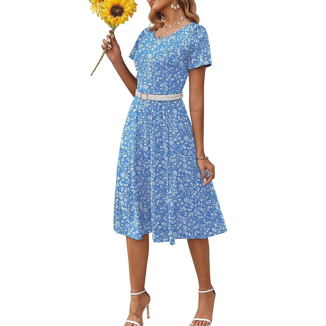 Pleated Floral Midi Dress with Pockets
