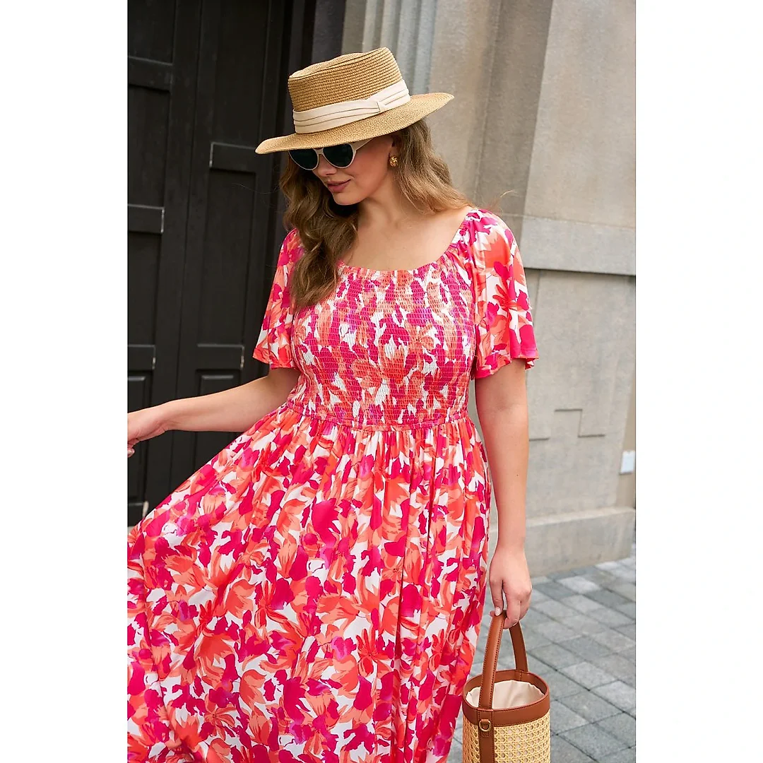 Square Neck Floral Maxi Dress with Smocked Waist