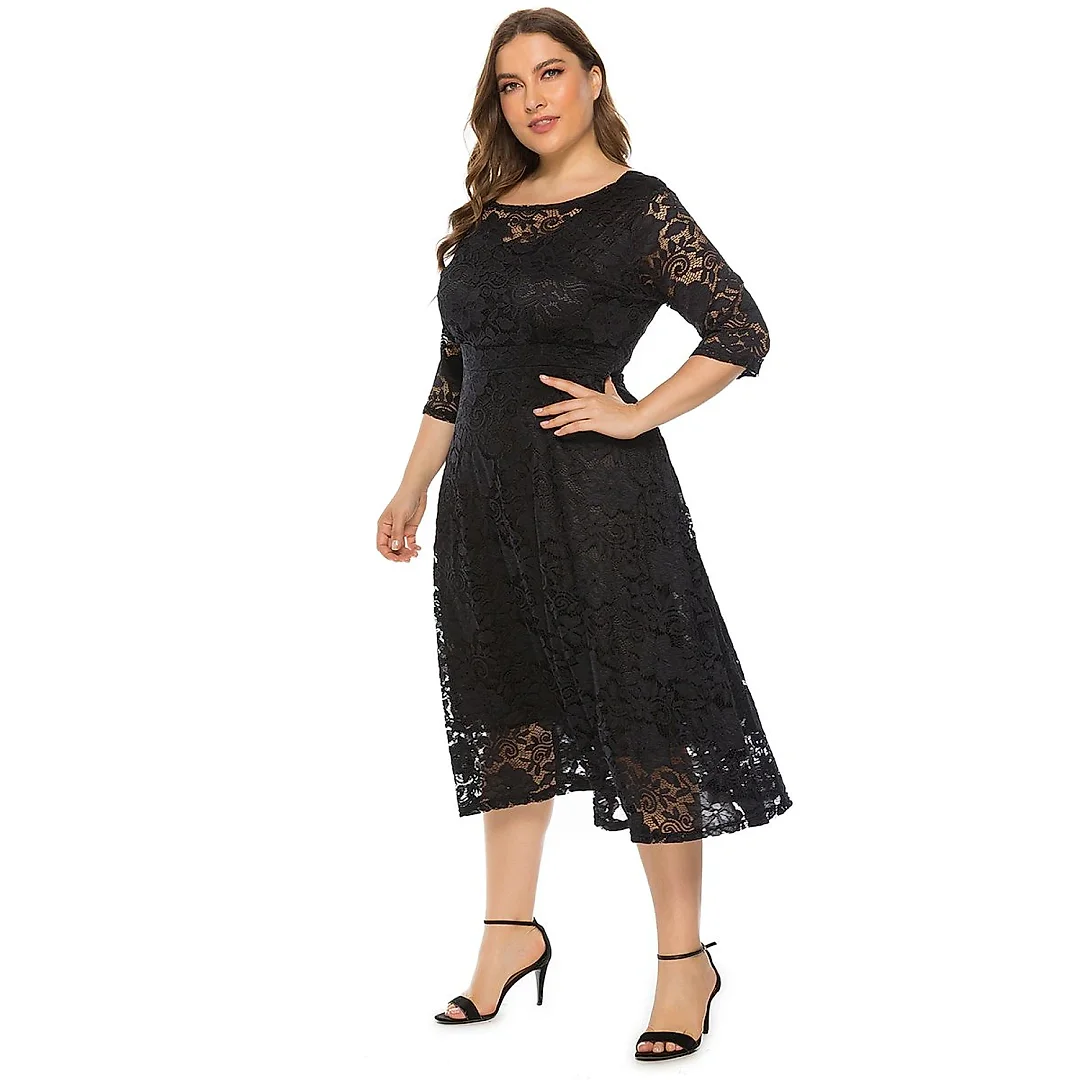 Floral Lace Swing Midi Dress with Pockets