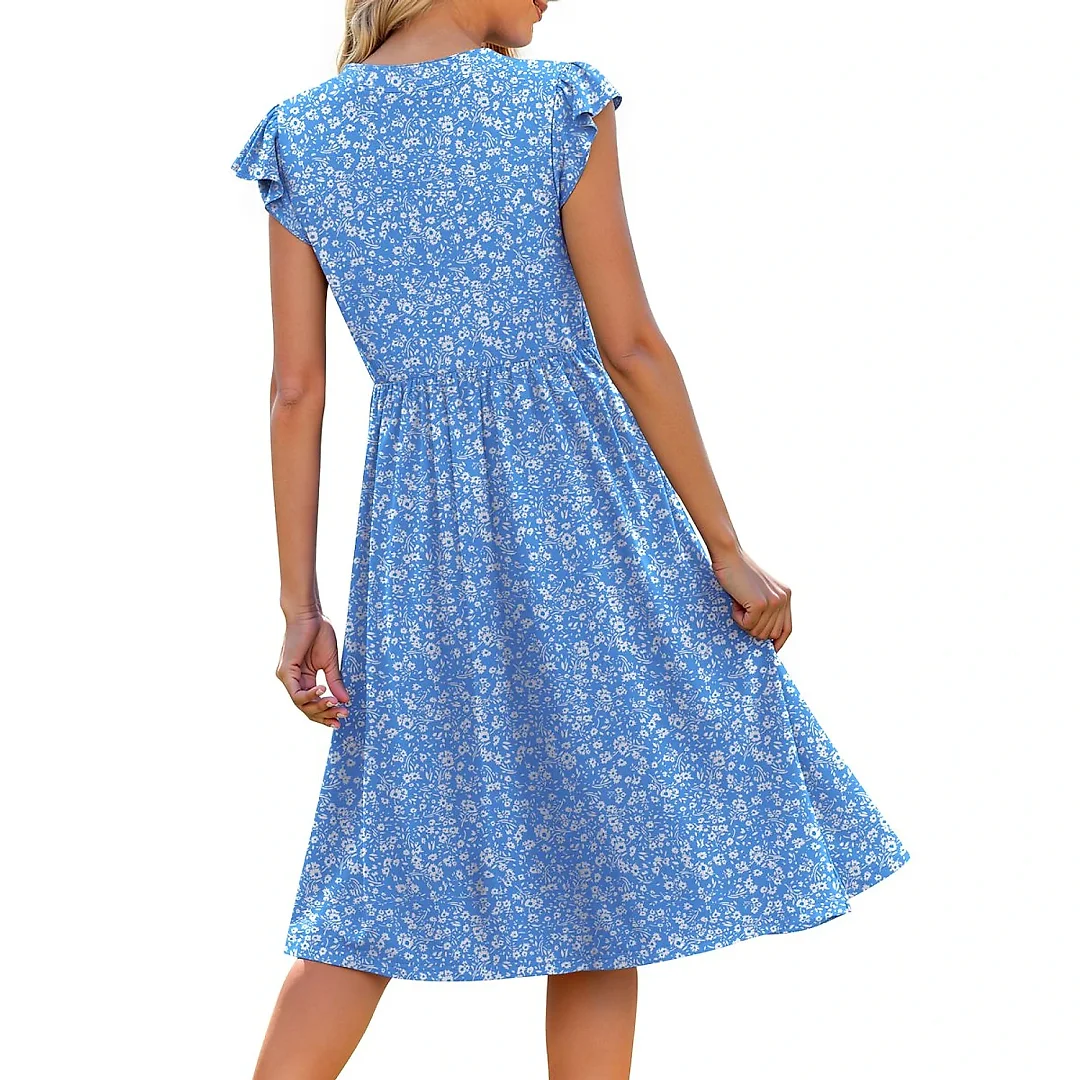 Ruffle Sleeve V-Neck Midi Dress