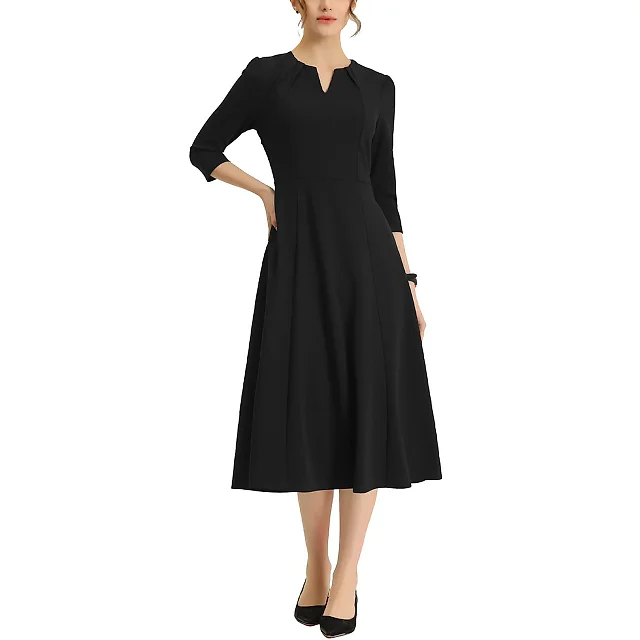 Three-Quarter Sleeve A-Line Midi Dress with Pockets