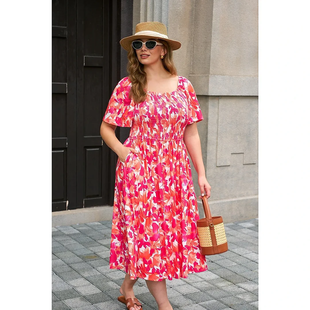 Square Neck Floral Maxi Dress with Smocked Waist