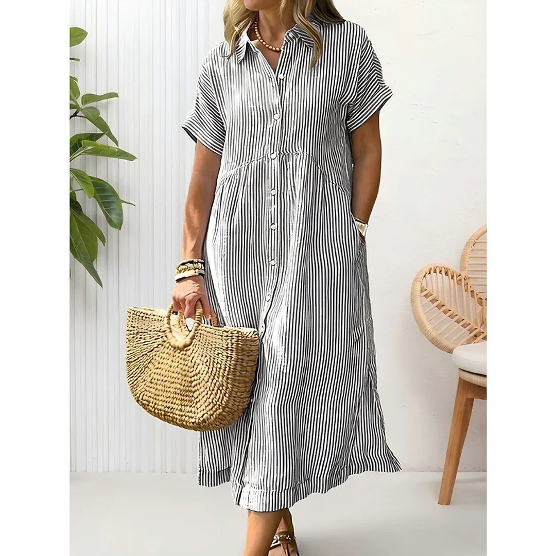 Striped Button-Down Midi Shirt Dress