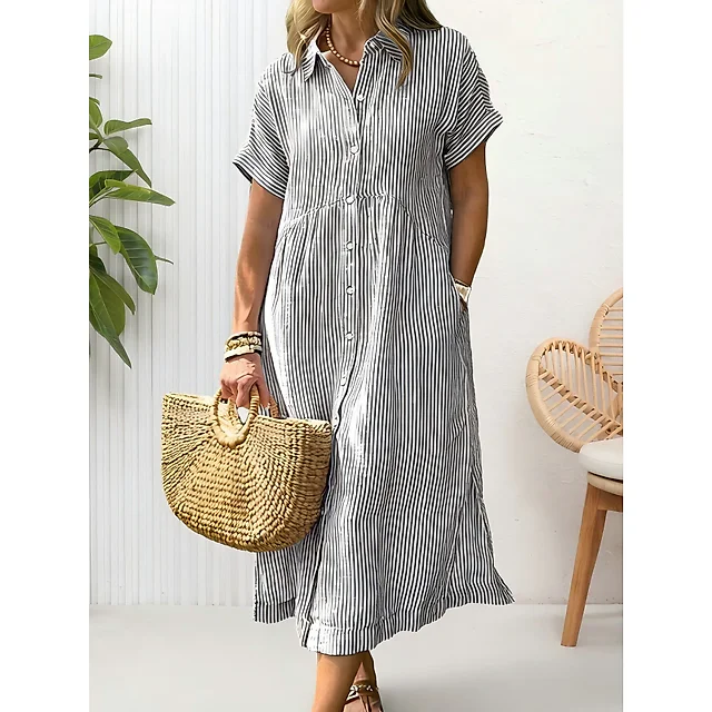 Striped Button-Down Midi Shirt Dress