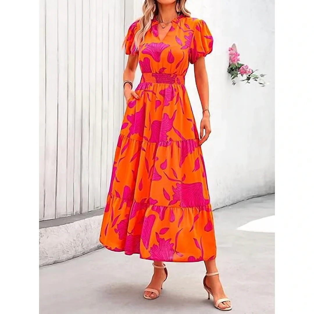 Smocked Puff Sleeve Floral Maxi Dress