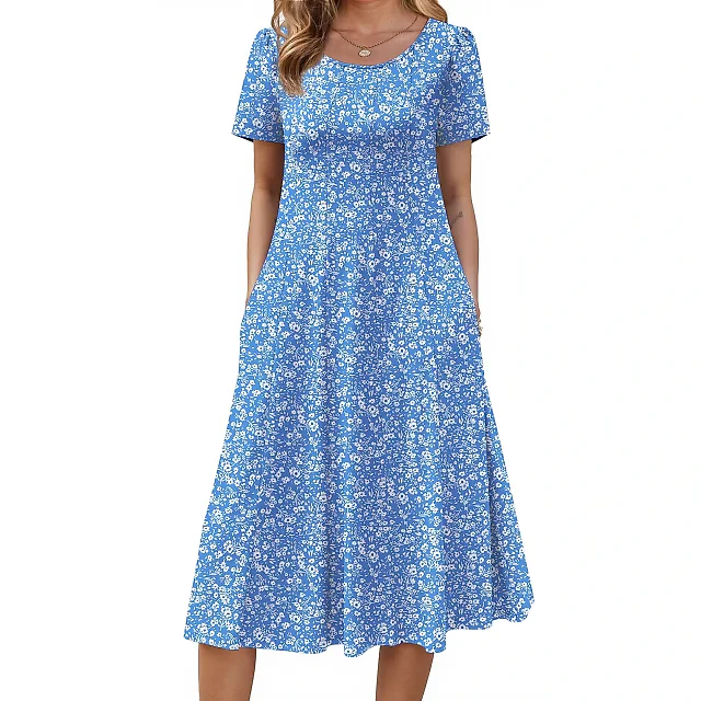 Pleated Floral Midi Dress with Pockets