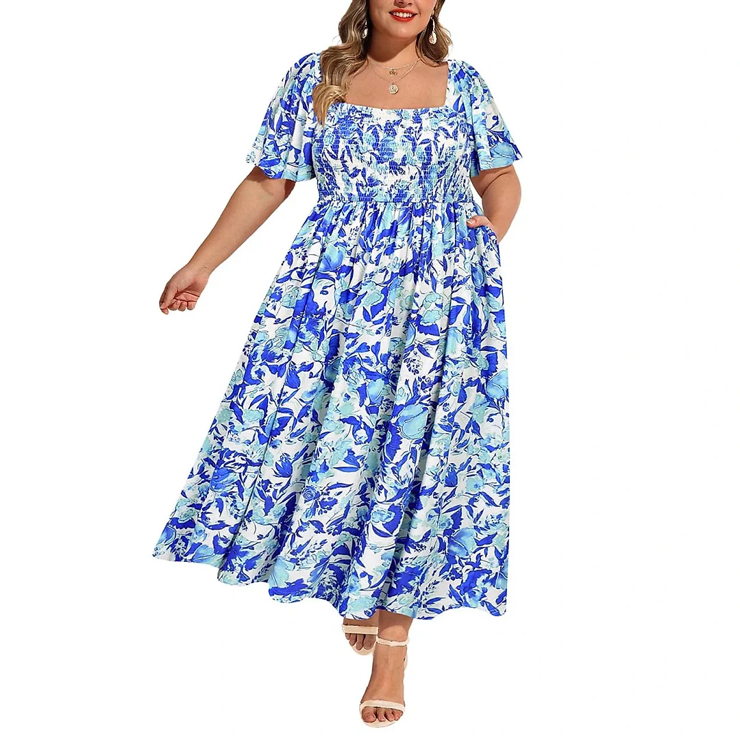 Square Neck Floral Maxi Dress with Smocked Waist