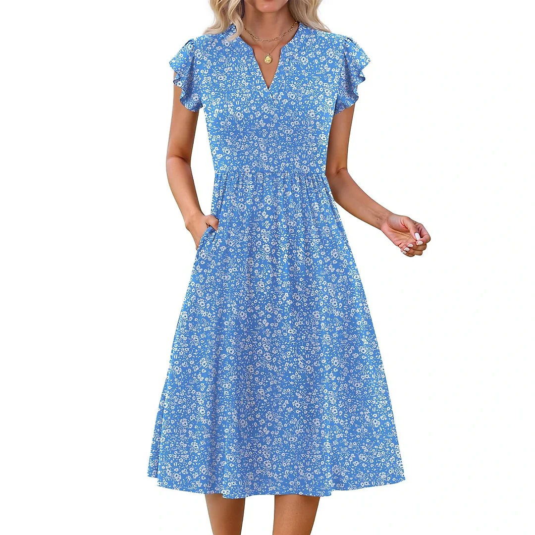 Ruffle Sleeve V-Neck Midi Dress