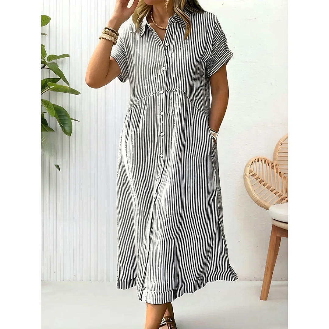 Striped Button-Down Midi Shirt Dress
