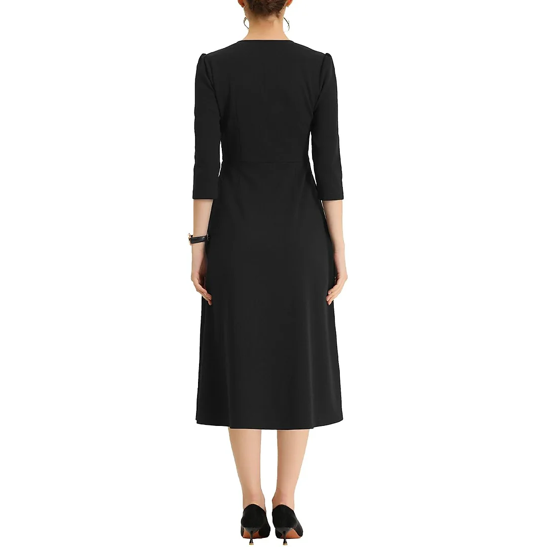 Three-Quarter Sleeve A-Line Midi Dress with Pockets