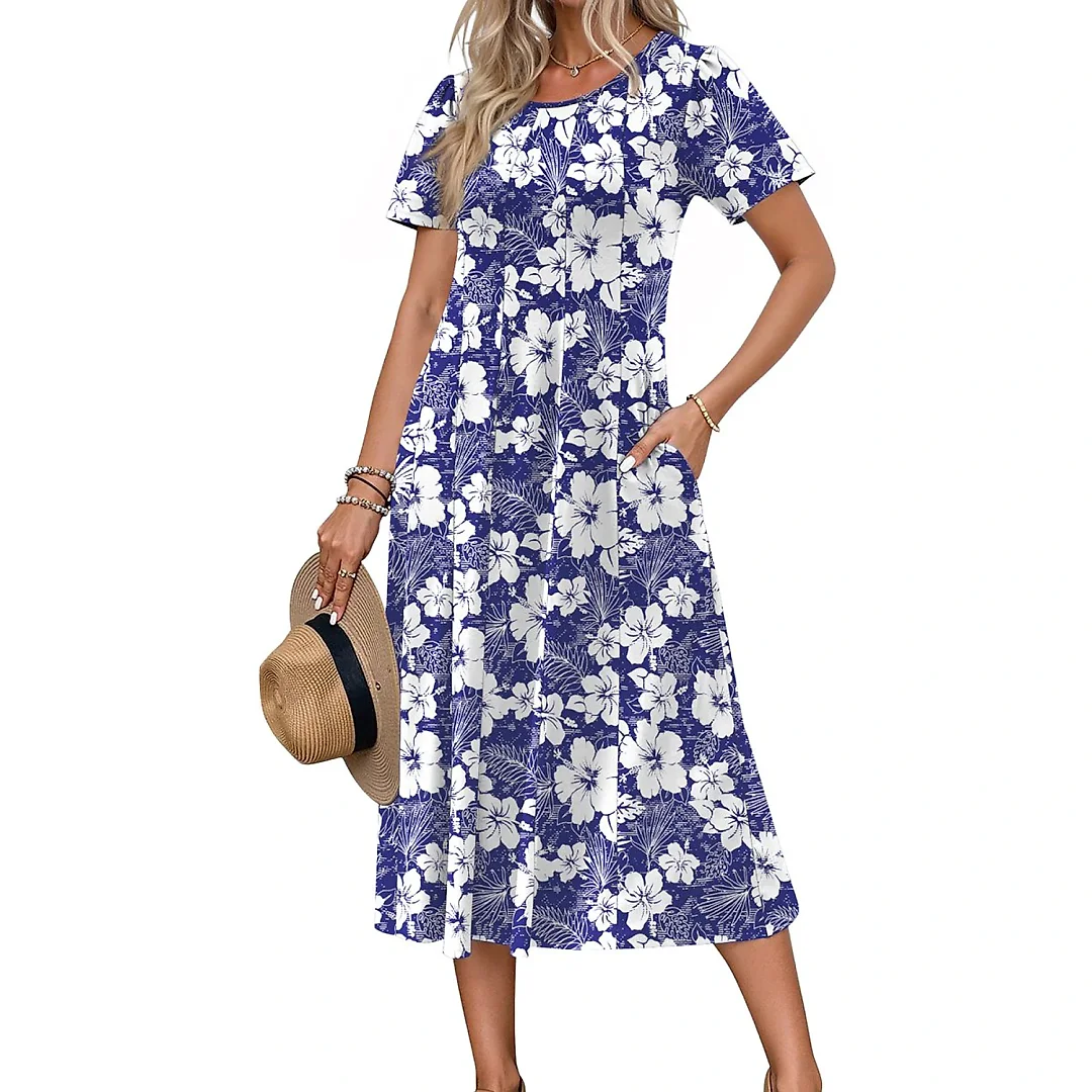 Pleated Floral Midi Dress with Pockets