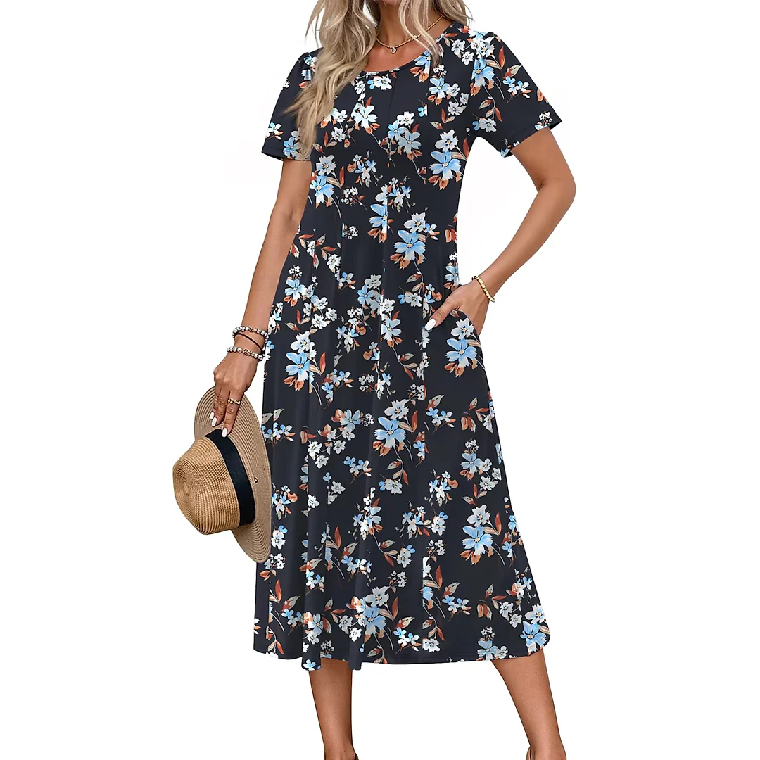 Pleated Floral Midi Dress with Pockets