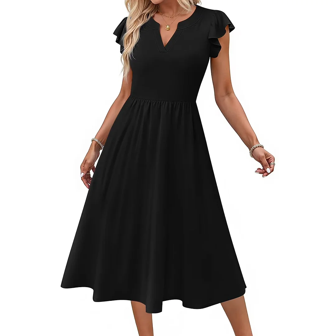 Ruffle Sleeve V-Neck Midi Dress
