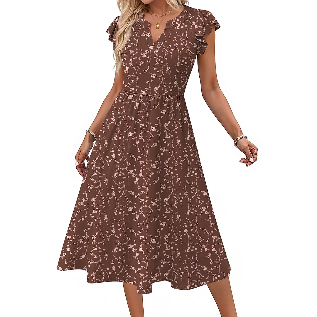 Ruffle Sleeve V-Neck Midi Dress