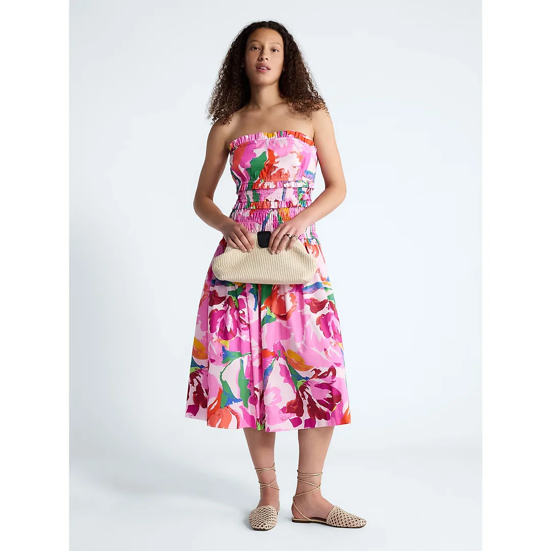 Strapless Cotton Poplin Tiered Midi Dress