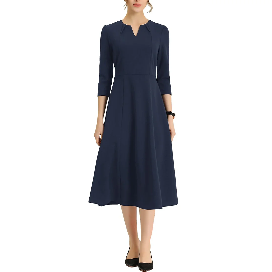 Three-Quarter Sleeve A-Line Midi Dress with Pockets