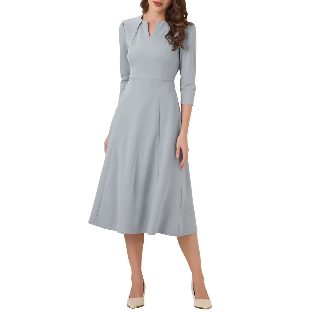 Three-Quarter Sleeve A-Line Midi Dress with Pockets