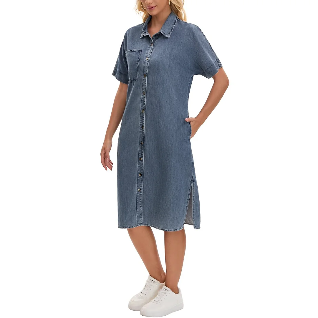 Denim Button-Down Midi Shirt Dress
