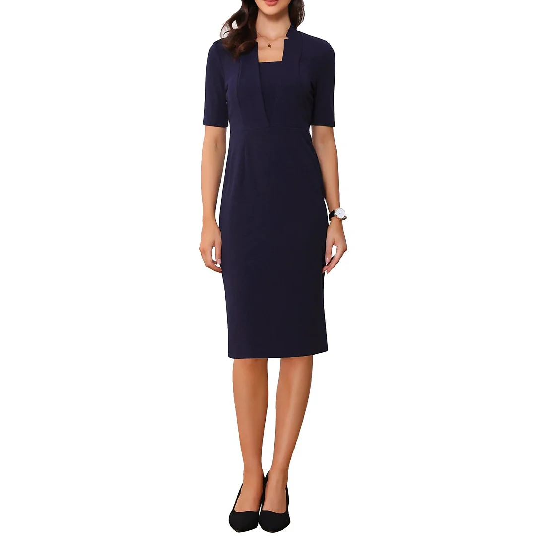 V-Neck Short Sleeve Sheath Midi Dress