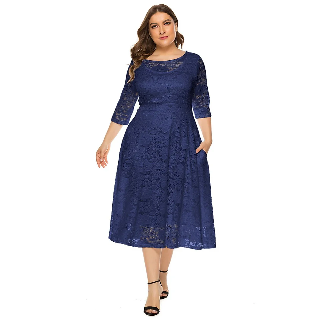 Floral Lace Swing Midi Dress with Pockets