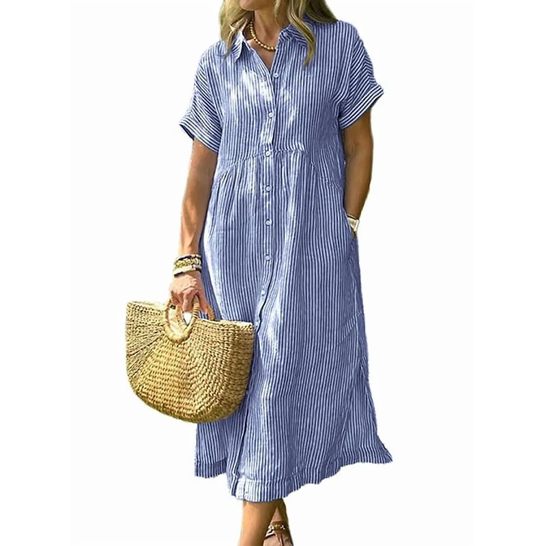 Striped Button-Down Midi Shirt Dress