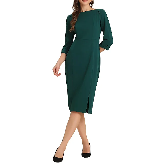 Boat Neck Sheath Midi Dress with Split Hem