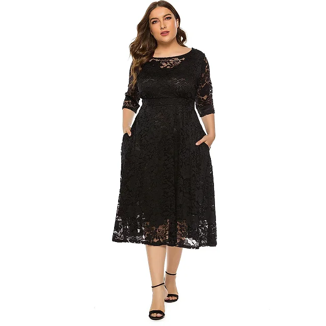Floral Lace Swing Midi Dress with Pockets