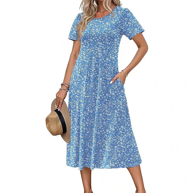 Pleated Floral Midi Dress with Pockets