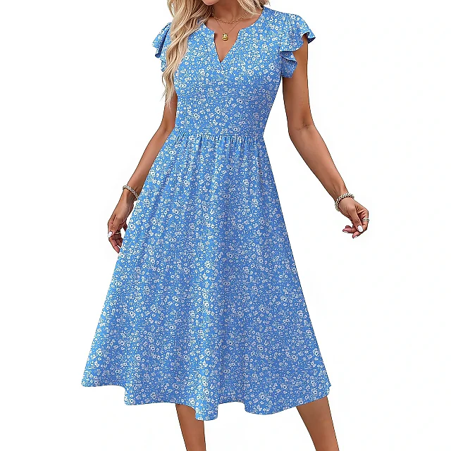 Ruffle Sleeve V-Neck Midi Dress