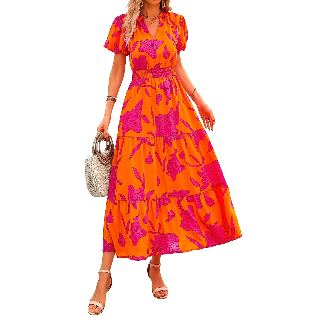 Smocked Puff Sleeve Floral Maxi Dress