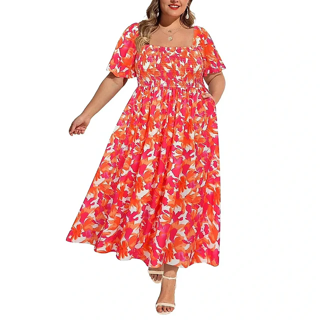 Square Neck Floral Maxi Dress with Smocked Waist