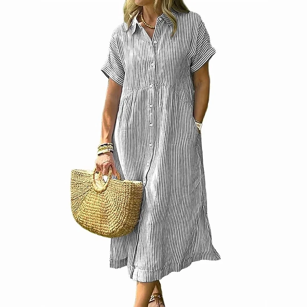 Striped Button-Down Midi Shirt Dress