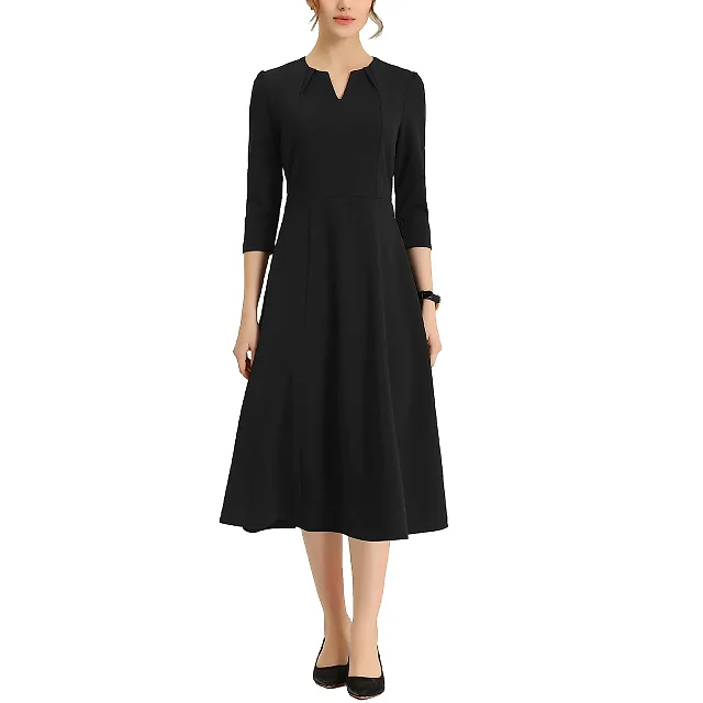 Three-Quarter Sleeve A-Line Midi Dress with Pockets